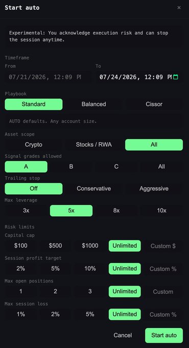 A 'Start auto' configuration menu for an experimental auto-trading session, with selected settings including Standard playbook, All assets, A signal grade, 5x max leverage, and Unlimited risk limits.