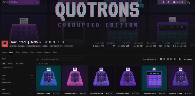 A screenshot of an OpenSea NFT collection page titled 'Corrupted QTRNS' displaying various pixel-art calculator-like digital items with floor price, volume, and listing statistics.