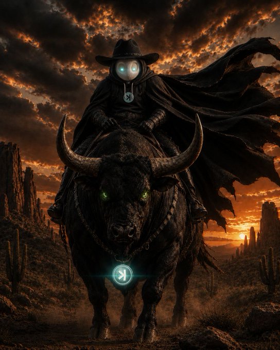 A dark, mysterious figure wearing a wide-brimmed hat and tattered cape rides a massive black bull with glowing green eyes through a desolate desert at sunset, with a glowing "K" symbol visible on its chest pendant and a "K" emblem hanging from the bull's harness.

The image symbolizes the power and skill required for trading mastery—portraying the rider as a lone gunslinger commanding a powerful force, much like a skilled trader must harness discipline and strategy rather than relying on the luck of airdrops to succeed.