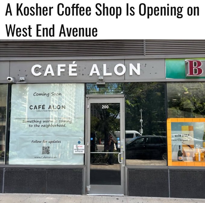 A news photo showing the storefront of 'CAFÉ ALON,' a kosher coffee shop on West End Avenue, with 'Coming Soon' signage in the window.