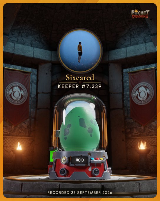 A digital collectible card from 'Pocket Dragons' featuring a green egg labeled 'ACID' and 'Sixeared KEEPER #7,339', recorded 23 September 2026.
