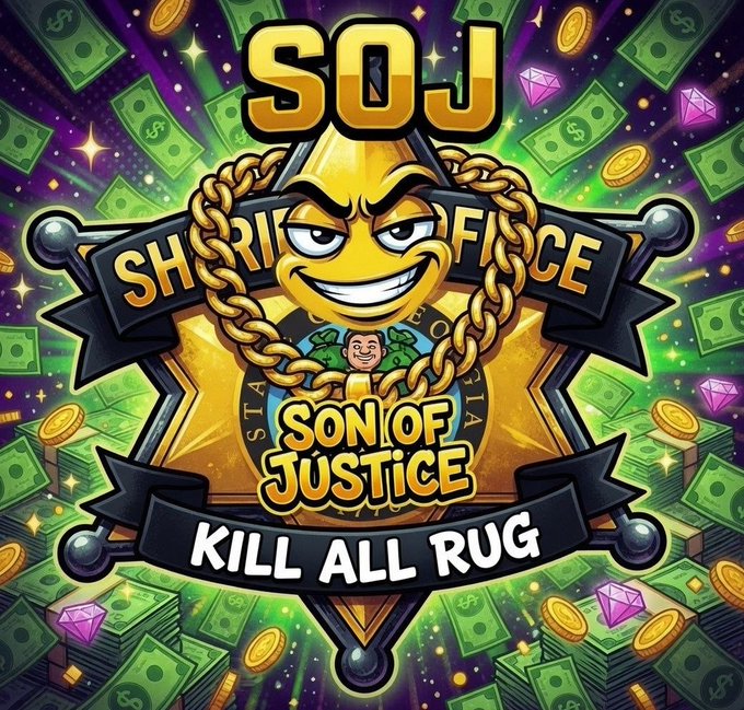 A meme-style graphic with a cartoon star character surrounded by money and gems, featuring the text 'SOJ', 'SON OF JUSTICE', 'KILL ALL RUG', and garbled text resembling 'SHRIMP OFFICE'.