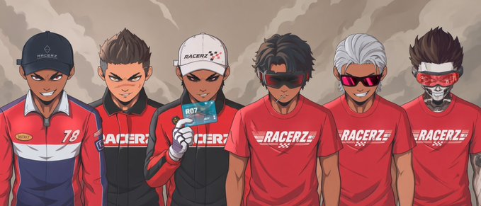 An anime-style illustration showing six characters in red and racing outfits with "RACERZ" branding, including one holding a blue ROT card.