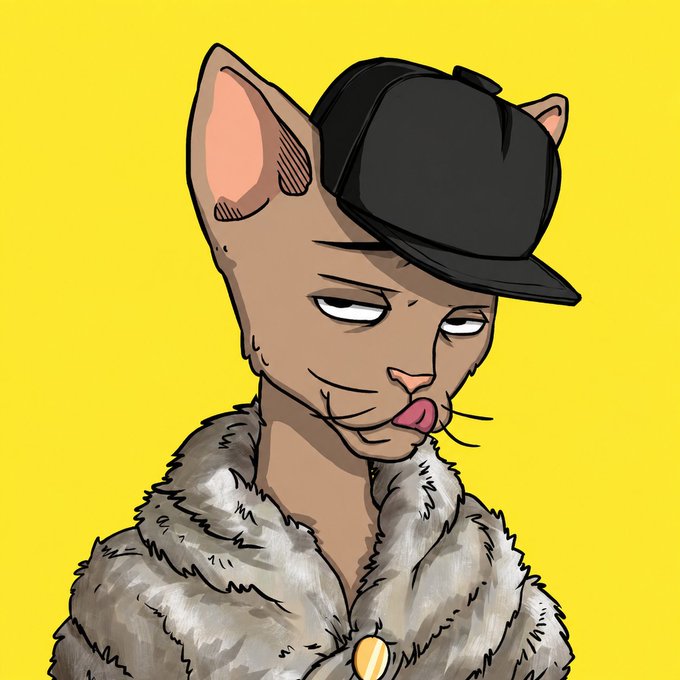 An anthropomorphic cat character wearing a black backwards cap and a fur coat licks its lips against a yellow background. The image likely represents an NFT collectible, aligning with the post's caption about it becoming part of the owner's collection and referencing the "#BecameACet" hashtag.