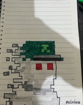 A hand-drawn pixel art illustration on lined notebook paper depicts a Minecraft-style character with a green hat, red eyes, and gray hair, signed 'MELONBLR.'
