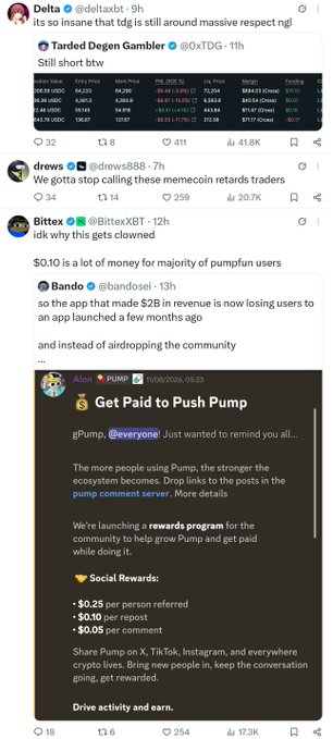 A screenshot of X (formerly Twitter) posts discussing memecoin traders, including comments from Delta, Bittex, and a post about a 'Get Paid to Push Pump' rewards program for the social app Pump.