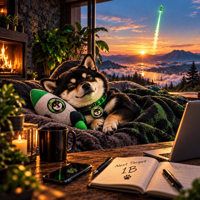 An AI-generated illustration shows a Shiba Inu wearing a green collar relaxing on a couch by a fireplace, with a notebook labeled 'Next Target 1B' and a rocket launching in the sunset sky.