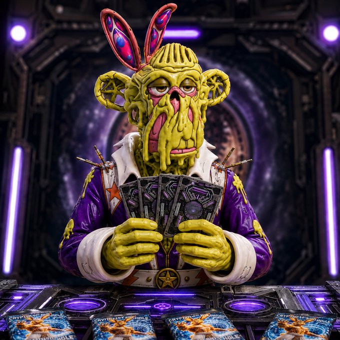 A detailed action figure of a melted, yellow character with bunny ears wearing a purple star-patterned jacket, holding cards labeled 'CRYPTO HOLES' in a sci-fi setting.