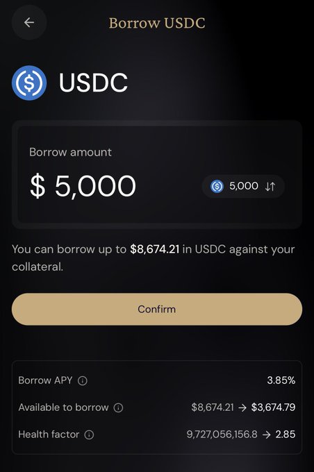 A mobile app screen titled 'Borrow USDC' showing a $5,000 borrow amount with up to $8,674.21 available, a 3.85% Borrow APY, and a health factor change to 2.85.