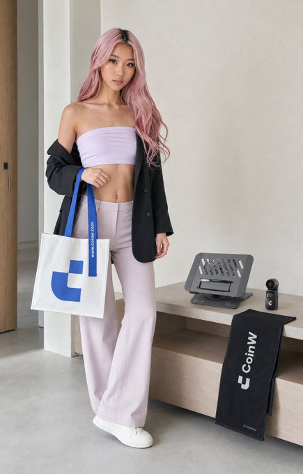 A woman with pink hair modeling a lavender strapless top and pants, holding a white tote bag with 'CoinW' branding, with a matching CoinW yoga mat on the counter beside her.