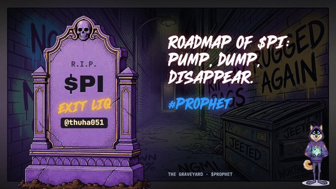 A graphic showing a tombstone with 'R.I.P. $PI' and 'EXIT LFG @tchuhao851', alongside text reading 'ROADMAP OF $PI: PUMP, DUMP, DISAPPEAR AGAIN' and '#PROPHET' from 'THE GRAVEYARD'.