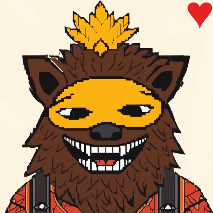 A pixelated-style drawing of a brown furry character with a yellow mask-like face, a wide toothy grin, and a golden leaf crown, with a red heart in the top right corner.
