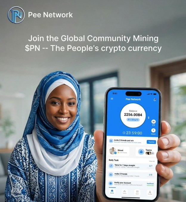 This image displays the "Pee Network" app on a smartphone, showing a balance of 2256.0084 $PN and a countdown timer, promoting global community mining of the people's cryptocurrency. The app's interface is visible, featuring daily tasks and team invitations, which directly supports the accompanying post about accessible mobile mining.