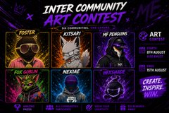 A dark promotional graphic titled 'INTER COMMUNITY ART CONTEST' displays a grid of character avatars with usernames such as 'FOSTER', 'KITSARI', 'MR PENGUINS', 'PIXIE GOBLIN', 'NEXIAE', and 'NEXTIMAGE', alongside an 'ART CONTEST' sidebar listing '6TH AUGUST' and '15TH AUGUST'.