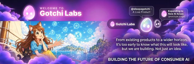 A promotional graphic for "Gotchi Labs" featuring an anime-style character with a black cat, reading "WELCOME TO Gotchi Labs" and "BUILDING THE FUTURE OF CONSUMER AI" with tags including "@sleepagotchi - A Live Product" and "Expanding to New AI Areas (prototype stage)."
