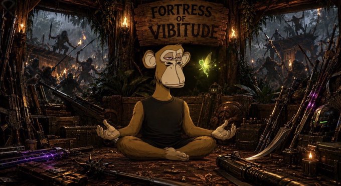 A digital illustration titled 'FORTRESS OF VIBITUDE' depicts a meditating Bored Ape NFT character in a wooden sanctuary filled with weapons, treasure, and shadowy warriors.