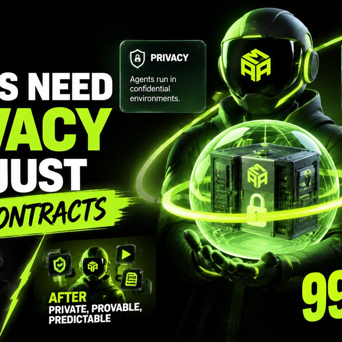A promotional graphic with green neon accents featuring a futuristic helmeted figure holding a glowing digital cube, advertising 'PRIVACY' for agents with the tagline 'AFTER PRIVATE, PROVABLE, PREDICTABLE'.