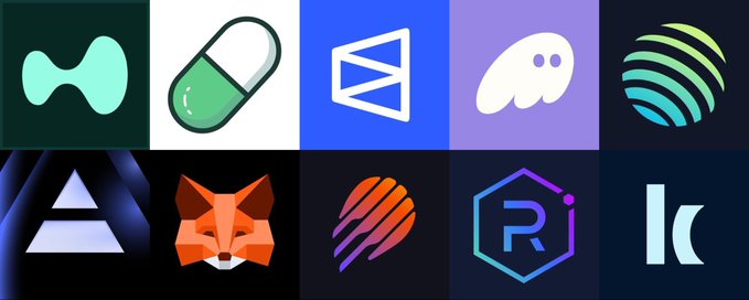 The image features a grid of twelve different logos, each representing a cryptocurrency project or company. The logos are arranged in two rows with four logos in each row. These logos include a pill, a fox, a hexagon, a circle, an octagon, a triangle, a square, a heart, a skull, and a spider web. Each logo is accompanied by its corresponding description, such as "a green pill", "an orange fox", "a blue hexagon", or "a purple circle". The logos are organized in a visually appealing manner that highlights the unique features of each project.