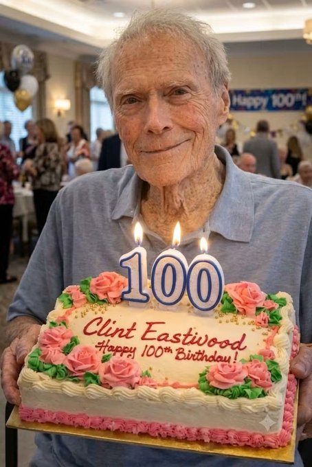 An elderly man smiling behind a birthday cake decorated with pink roses and candles forming the number '100', with text reading 'Clint Eastwood Happy 100th Birthday!'. A 'Happy 100th' banner is visible in the background.