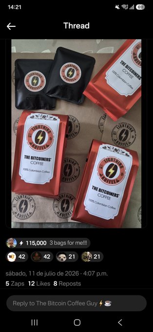 A mobile app screenshot shows a social media thread from 'The Bitcoiners Coffee' dated July 11, 2026, displaying red and black coffee bags, with 115,000 sats, 3 bags, 5 zaps, 12 likes, and 8 reposts.