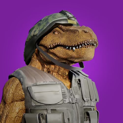 A 3D-rendered dinosaur wearing a green camouflage helmet and gray tactical vest stands against a solid purple background.