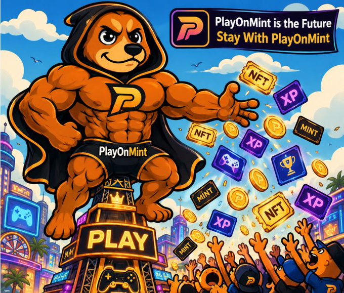 A cartoon superhero dog mascot in a cape promotes 'PlayOnMint' with the slogans 'PlayOnMint is the Future' and 'Stay With PlayOnMint,' surrounded by floating NFT, XP, MINT, and coin icons.