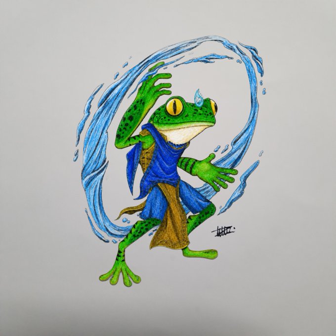 A colored pencil drawing of an anthropomorphic green frog in blue and tan clothing, posed dynamically within a swirling circle of blue water.