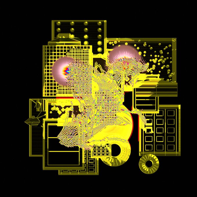 An abstract digital illustration featuring a stylized figure rendered in bright yellow and pink with intricate line work against a black background.