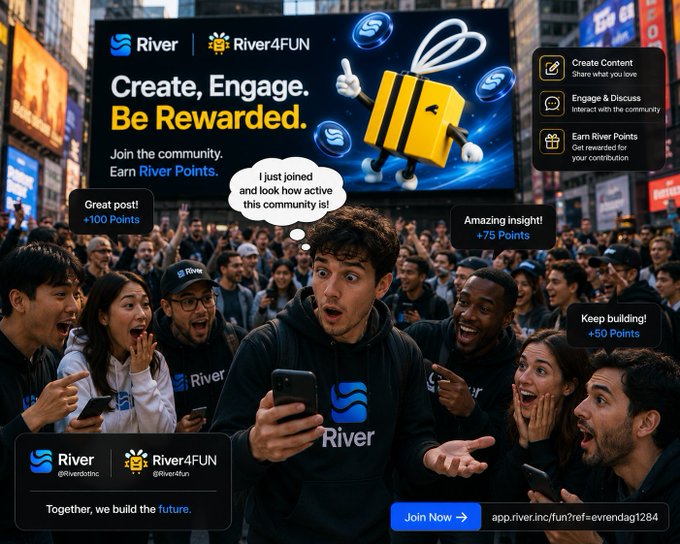 The image shows a group of people gathered around a man who is holding up his phone, showing off an app called "River4Fun" that he has created himself. The app is designed for users to join and engage with others online by sharing their thoughts on various topics or participating in discussions about specific interests. The post also mentions the app's ability to earn Daily River Points through user interactions, which can be redeemed for rewards such as discounts at local businesses or exclusive content.