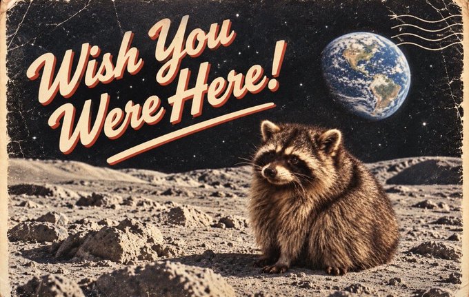 A vintage-style postcard illustration featuring a raccoon sitting on the moon's surface with Earth in the background, captioned 'Wish You Were Here!'
