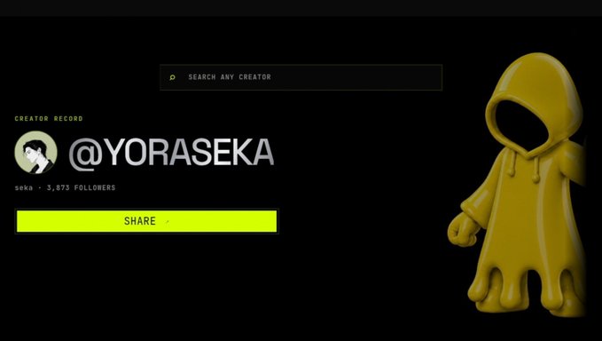 A creator profile page for @YORASEKA on the Pollen platform, showing 3,873 followers, a share button, and a 3D rendered yellow cloaked character illustration on the right side.