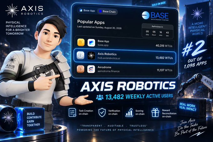 A promotional graphic for 'AXIS ROBOTICS' displays a 3D cartoon figure pointing to an app dashboard, highlighting 'Axis Robotics' as the #2 app on Base with 13,482 weekly active users out of 1,098 apps, tagged with 'PHYSICAL INTELLIGENCE FOR A BRIGHTER TOMORROW.'
