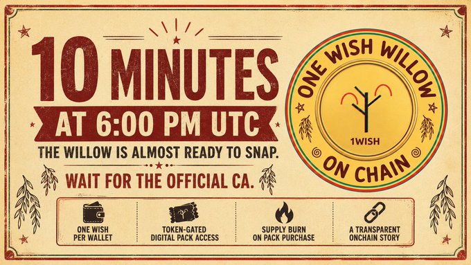 A vintage-style promotional graphic announces '10 MINUTES AT 6:00 PM UTC' for the 'ONE WISH WILLOW ON CHAIN' project, listing features like 'ONE WISH PER WALLET', 'TOKEN-GATED DIGITAL PACK ACCESS', 'SUPPLY BURN ON PACK PURCHASE', and 'A TRANSPARENT ONCHAIN STORY'.