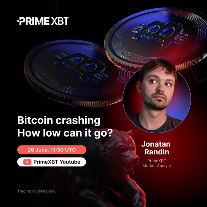 PrimeXBT promotional graphic for a YouTube live stream titled "Bitcoin crashing: How low can it go?" featuring Market Analyst Jonatan Randin, scheduled for 26 June at 11:30 UTC. The design includes two large Bitcoin coins and a red bear statue, visually reinforcing the post's message about BTC falling below $60,000 and the bearish market outlook.