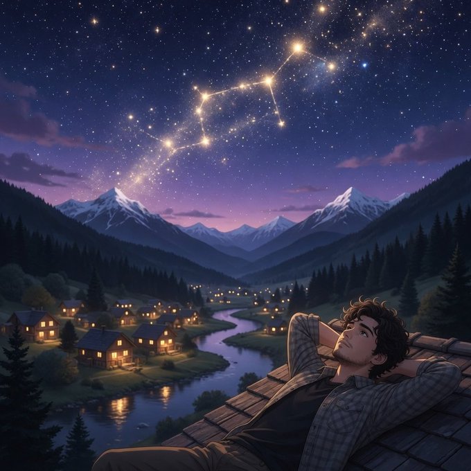The image features a man lying down on a rooftop, gazing at the stars above him. The scene takes place next to a river with houses nearby, creating an idyllic setting for stargazing. The man appears relaxed as he enjoys the view of the night sky and the peaceful atmosphere around him.