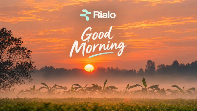 A scenic landscape photo captures a sunrise or sunset over a misty green field, overlaid with the logo 'Rialo' and the cursive text 'Good Morning'.