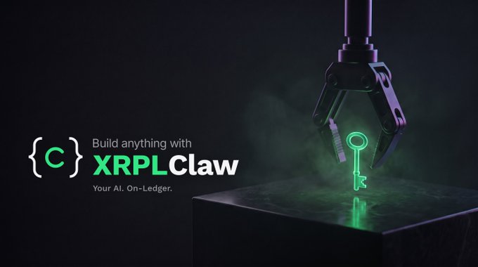 A promotional graphic for 'XRPLClaw' with the tagline 'Build anything with Your AI. On-Ledger,' featuring a robotic claw descending toward a glowing green key against a dark, smoky background.