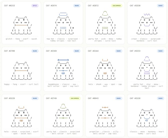 A grid of 12 ASCII cat illustrations showcases various traits and rarities (Epic, Rare, Uncommon), with each entry displaying a unique combination of attributes such as "glitch · fang · scarf · swish tail" (CAT #9253) and "party hat · classic · surprised · curly tail" (CAT #2749), all labeled as NFTs. The image represents the "ASCIIcats_" collection mentioned in the post, which features 3,333 fully on-chain ASCII cat NFTs built entirely within smart contracts.