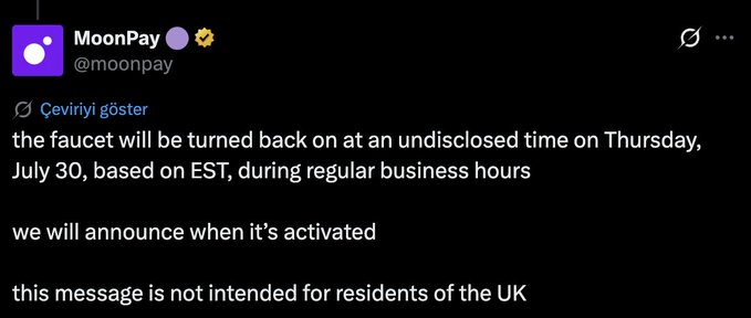 A screenshot of a verified tweet from MoonPay (@moonpay) announcing that the faucet will be turned back on at an undisclosed time on Thursday, July 30 (EST), with the message not intended for UK residents. The post accompanies an airdrop guide indicating the USDC distribution is not yet active but will open during EST business hours.