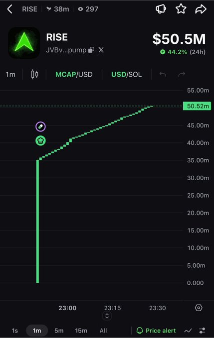 The image displays a price chart for the "RISE" token (JVBv...pump) with a $50.5M market cap, showing a sharp vertical spike followed by a steady, linear increase that visually illustrates the "staircase up" pattern warned against in the text as an "obvious rug pull."