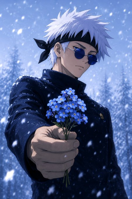 An anime-style illustration of a character with spiky white hair, a black headband, and round sunglasses, wearing a dark blue coat and holding out a bouquet of small blue flowers against a snowy, wintery backdrop.