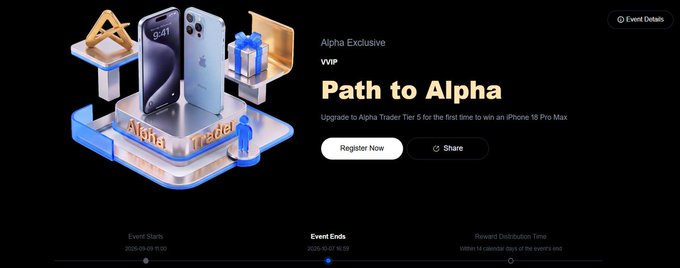 A promotional graphic for an 'Alpha Exclusive VVIPP Path to Alpha' event on what appears to be a crypto exchange platform, offering an iPhone 18 Pro Max, with event dates in September 2026.