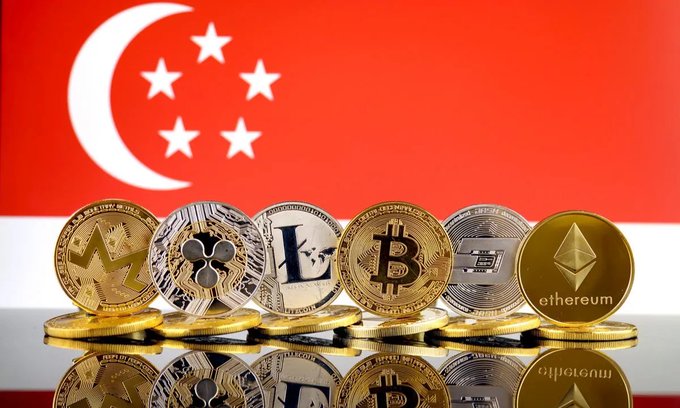 Various cryptocurrency coins including Monero, XRP, Litecoin, Bitcoin, and Ethereum are displayed in front of the Singapore flag.