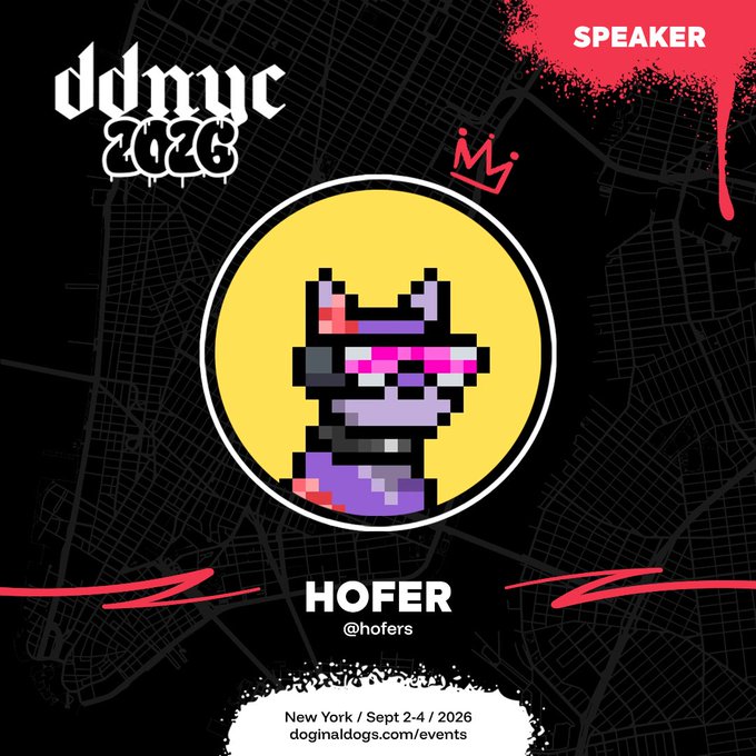A promotional poster for 'ddmyc 2026' featuring a pixelated speaker named 'HOFER' (@hofers), scheduled for New York on Sept 2-4, 2026, at doginaldogs.com/events.