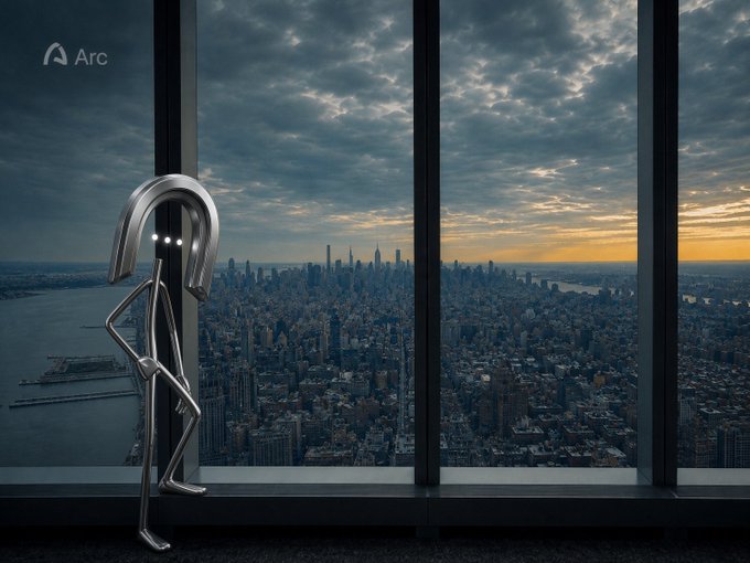A metallic humanoid figure leaning against a window frame overlooking a New York City skyline at sunset, with the 'Arc' logo in the corner.