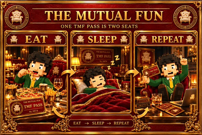 An ornate, luxurious digital card titled 'THE MUTUAL FUN' with the tagline 'ONE TMF PASS IS TWO SEATS,' depicting a pixelated character cycling through three scenes labeled 'EAT,' 'SLEEP,' and 'REPEAT.'