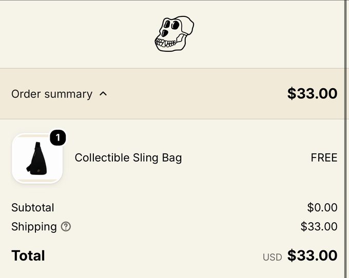 An order summary screenshot showing a $33.00 purchase of a "Collectible Sling Bag" marked as FREE, with $33.00 in shipping costs. The BAYC (Bored Ape Yacht Club) skull logo at the top confirms this is a members-only collectible bag from the popular NFT brand.