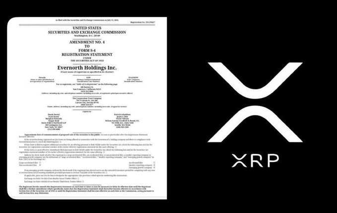 Document displaying SEC Form S-1 Registration Statement Amendment No. 4 for Evernorth Holdings Inc. alongside the XRP cryptocurrency logo on a black background.