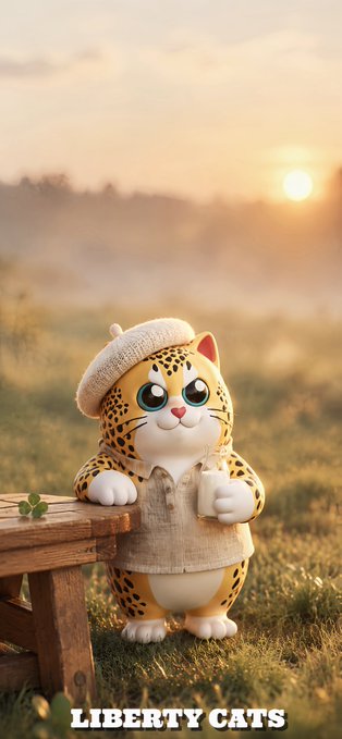 A 3D-rendered animated leopard cat character wearing a knit beret and sweater vest holds a milk bottle, standing next to a wooden bench with 'LIBERTY CATS' text at the bottom.