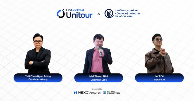 Uni-hackfest Unitour event banner featuring three speakers: Thái Phạm Ngọc Tưởng (Corellia Academy), Mai Thanh Nhã (Chainlink Labs), and Jack VT (Nghiên AI), sponsored by MEXC Ventures and Solana Foundation, in partnership with a Ho Chi Minh City college.